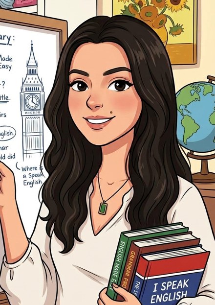 Professora Mallu sorrindo, com livros de inglês