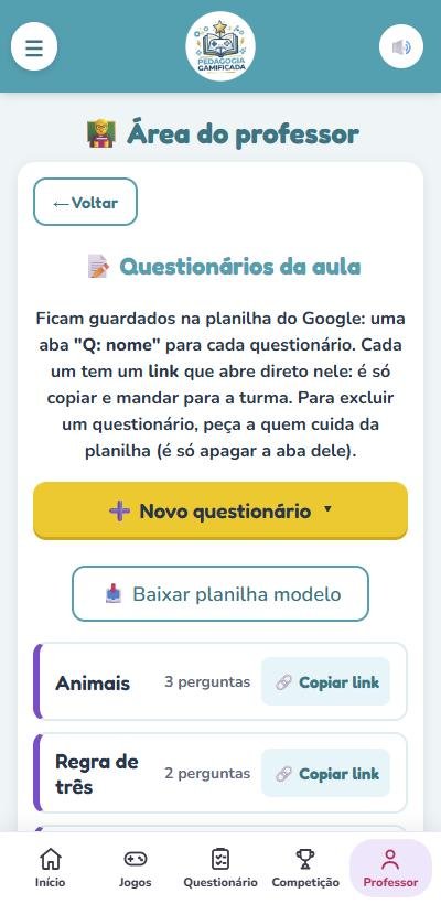 Lista de questionários com os botões Copiar link e Excluir