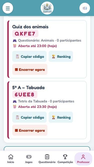 Lista de competições do professor com o código, o jogo e a hora de encerrar