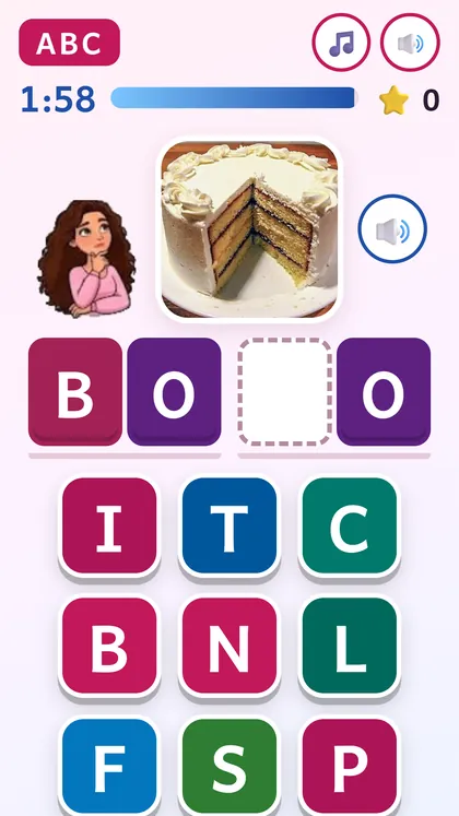 Tela do ABC da Tia ANA: foto de um bolo, a palavra BOLO para montar e letras coloridas